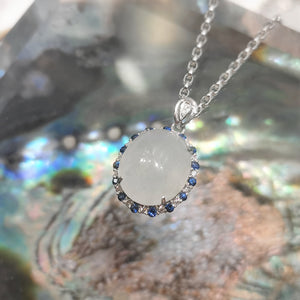 18k White Gold White Jade with Diamond and Blue Sapphire Pendant